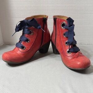 Portofino Red Leather Granny Ankle Boots Navy Laces Side Zip Sz 38 Made in Spain
